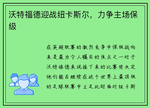 沃特福德迎战纽卡斯尔，力争主场保级